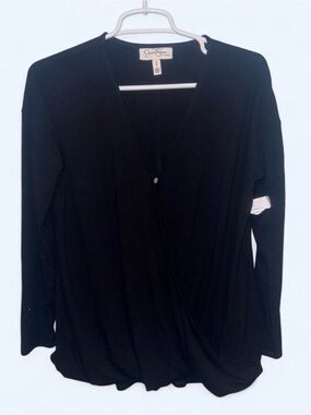 Jessica Simpson Black Ribbed Faux-Wrap Long Sleeve Top